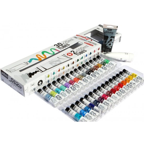 Set of 30 x 20ml + 100 ml white & black with Brush Pebeo Studio Acrylic Paint Pebeo
